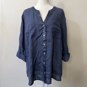 Chico’s Navy Blue Linen Lace Sequin Button Up Shirt Long Sleeve Size 3 (XL)